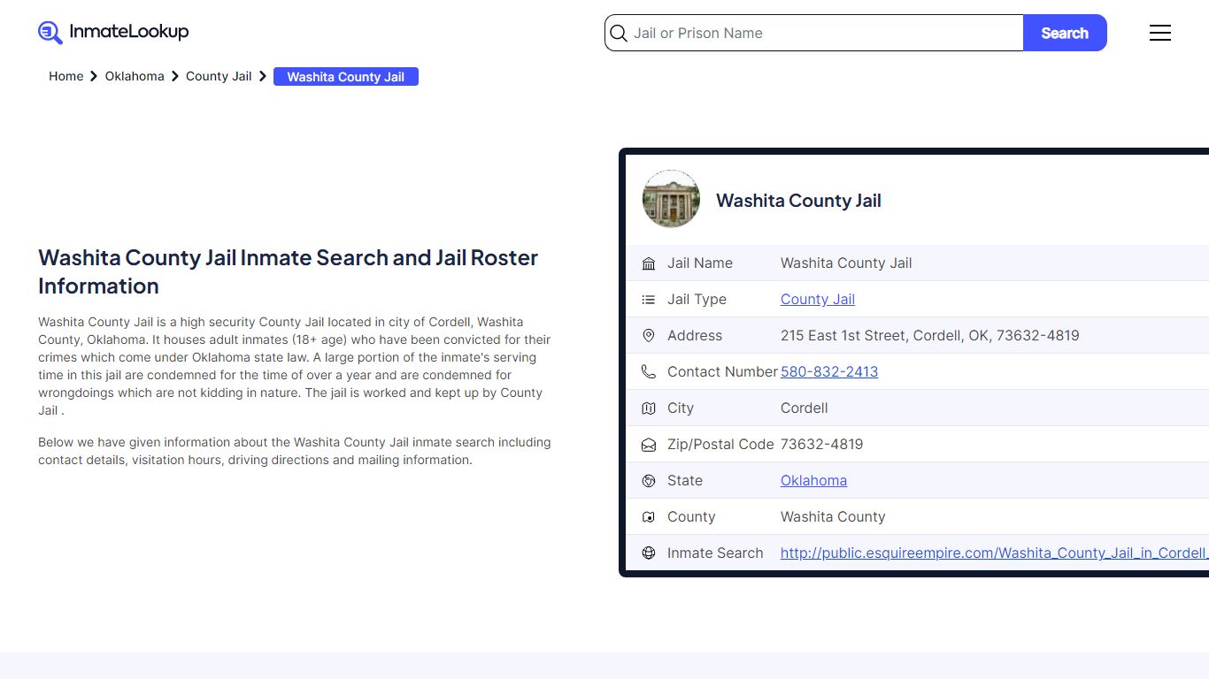 Washita County Jail Inmate Search and Jail Roster Information